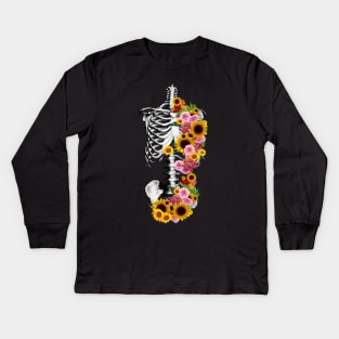 Floral Botanical anatomy, rib cage, pelvis, sunflowers, daisy, skeleton Kids Long Sleeve T-Shirt